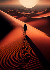 Desert adventure. Young man walking on sand dune against sunset. AI Generated