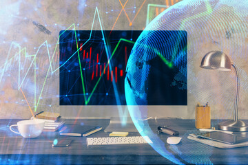 Poster - Multi exposure of forex graph and work space with computer. Concept of international online trading.