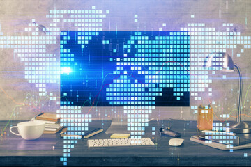 Poster - Multi exposure of business theme icons and table with computer background. Concept of success.