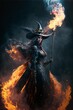 Seductive sexy witch wearing gothic dress with broom and flames. Designed using generative ai