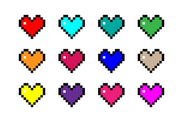 Wall Mural - Set of multicolored pixel heart icons. Color silhouette. Front view. Editable pixels. Vector simple flat graphic illustration. Isolated object on a white background. Isolate.