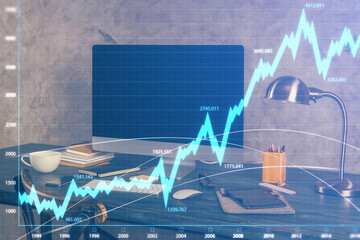 Poster - Multi exposure of forex graph and work space with computer. Concept of international online trading.