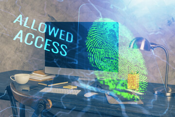 Aufkleber - Computer on desktop in office with finger print drawing. Double exposure. Concept of business data security.