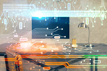 Aufkleber - Technology theme drawing and table with computer. Double exposure. Concept of information.