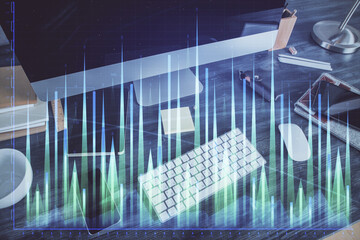 Poster - Multi exposure of forex graph and work space with computer. Concept of international online trading.