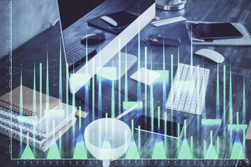Poster - Multi exposure of forex graph and work space with computer. Concept of international online trading.