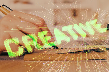 Poster - Creative start up concept hologram multi exposure with human hand background.