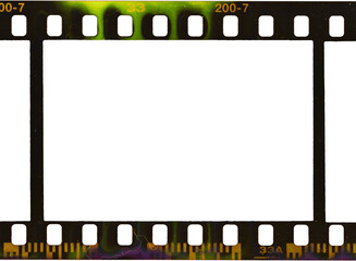 Wall Mural - single dark film strip border isolated, empty film frame with chemical developing smear marks.