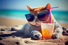 Portrait Of A Cat In Sunglasses, Which Lies On A Sandy Beach And Drinks A Cocktail From A Glass With A Straw. AI Generated.