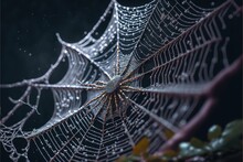  A Spider Web With Water Droplets On It's Surface And A Dark Background With A Few Leaves And A Few Other Leaves In The Foreground.  Generative Ai