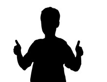 Black Silhouette Teenager That Everything Is Fine, Isolated Empty Background. Winner Teen Boy Raised Hands In Honor Of Victory. Silhouettes Contour Of Guy Holds Thumbs Up Fingers And Looking At Camera