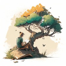  A Man Sitting On A Rock Reading A Book Under A Tree With A Butterfly Flying Overhead In The Sky Above Him, While A Butterfly Flies Overhead.  Generative Ai