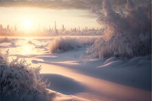  A Painting Of A Snowy Landscape With A Sunset In The Background And A River Running Through It With Snow On The Ground And Trees In The Foreground.  Generative Ai