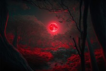  A Red Moon Is Shining In The Dark Forest With Sheep In The Foreground And A Red Light In The Background That Is Red And Black.  Generative Ai