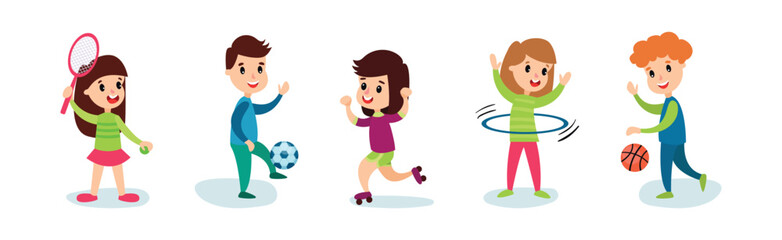 Wall Mural - Little Boy and Girl Doing Sport Playing Tennis, Football and Roller Skating Vector Set