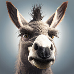 Wall Mural - Fluffy donkey cute caricature close up, generative ai 