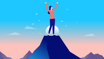 Wall Mural - Casual woman on mountaintop feeling free with hands raised, happy and cheerful over personal achievement and success. Flat design vector illustration with copy space for text