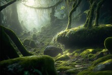  A Mossy Forest With A Rock And Trees In The Background And Sunlight Streaming Through The Trees And Mossy Rocks On The Ground, With A Light Shining On The Ground.  Generative Ai