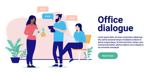 Office dialogue - Team of business people talking and having conversation with speech bubbles in workplace. Flat design vector illustration with white background and copy space for text