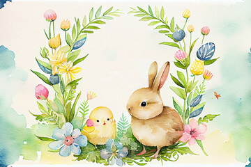 Cute Watercolor Easter Greeting Card Illustration AI Generative