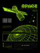 Modern posters Earth orbit satellite internet technology style of Techno, Rave, Electronic music future virtual reality Polygons space shape with connected lines acid. Print isolated black background