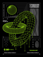Modern Posters Technology In The Style Of Techno, Rave, Electronic Music And Of The Future Virtual Reality With Polygons Space Donut Shape With Connected Lines Acid. Print Isolated On Black Background