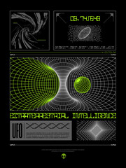 Wall Mural - Modern posters black hole planet and ufo technology style of Techno, Rave, Electronic music future virtual reality Polygons space shape with connected lines acid. Print isolated on black background