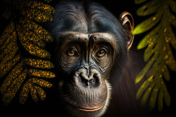 Wall Mural - Portrait of a wild monkey, chimpanzee on a black background, generative ai