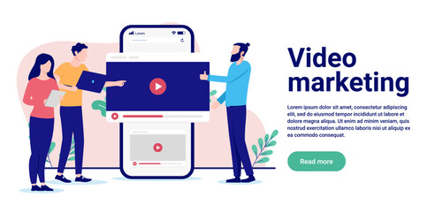 Video marketing - Team of people working with online advertising business together. Flat design vector illustration with white background and copy space for text