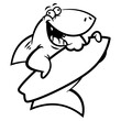 Cartoon illustration of Funny shark carrying a surfboard with its bite marks. Best for outline, logo, and coloring book with beach themes for kids