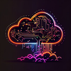 Wall Mural - Neon Cloud computing technology concept. Illustration Generative AI