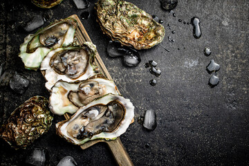 Poster - Fresh oysters with ice on a cutting board. 