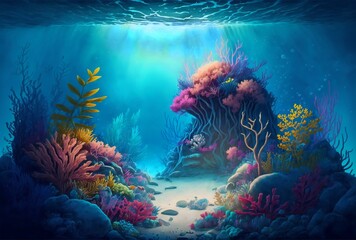 Fototapete - Colorful cartoon ocean background with blue water, rocks and seaweed in watercolor style.AI generated.