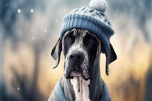  Joyful Great Dane Dog In Cap And Sweater With Winter,generative Ai