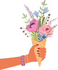  Bouquet of flowers in a waffle cone. Illustration