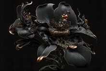 Black Orchid On A Dark Uniform Background. Beautiful Black Flower. AI