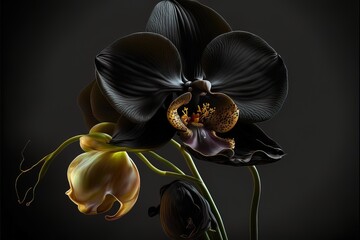 Wall Mural - Black orchid on a dark uniform background. Beautiful black flower. AI