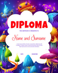 Aufkleber - Kids diploma. Cartoon magic mushrooms fairytale meadow. Kids award document, kindergarten kids education achievement celebration award or diploma with fantasy, glowing mushroom, luminous magical fungi
