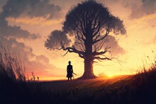 A Man With A Gun Near A Tree On The Background Of Sunset
