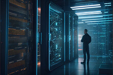 Big Data Center Engineer Checking Activity In Warehouse Data Center And Server Activating. Information Digitalization Starts. SAAS, Cloud Computing, Web Service. Data Center Infrastructure Concept