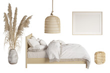 A Set Of Boho Furniture In Bedroom 2. A Bed With A Rattan Headboard And Blanket With Fringe, Tall Spikelets In A Clay Vase, A Wicker Chandelier, A Bamboo Nightstand, A Blank Template Poster. 3d Render