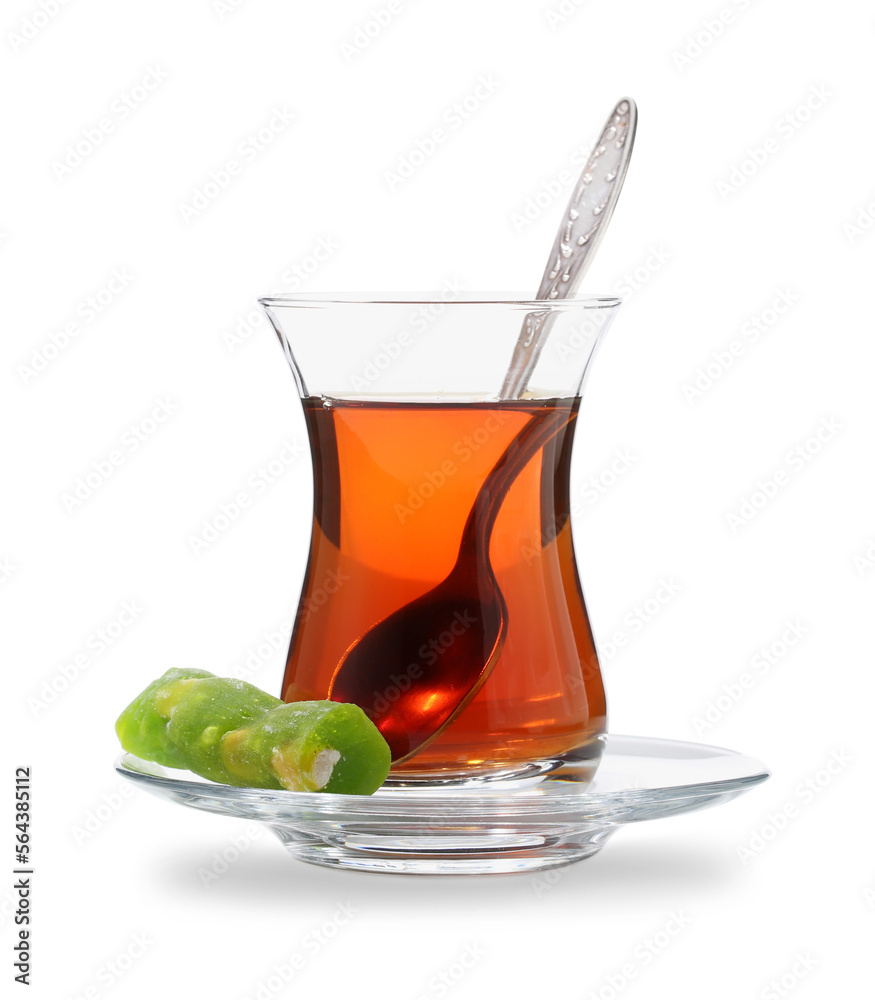 Glass cup of Turkish tea isolated on white background