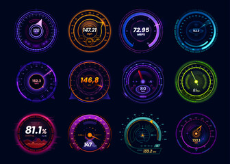 Aufkleber - Futuristic car speedometer gauge and internet speed test meters, vector neon led dials. Car dashboard speedometers with mph and kph gauge arrow, internet download, upload and ping test indicators