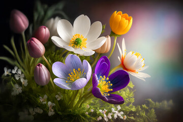 Colorful spring flowers as decoration. Generative AI.