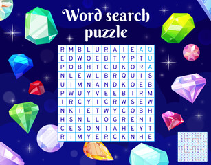Aufkleber - Gems, jewelry and crystals word search puzzle game worksheet, quiz grid. Vector kids crossword grid, brainteaser for children with bright cartoon precious gemstones and latin letters at quiz field