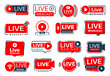 Live webinar, webcast icons. Training course web broadcast pictogram, study training or lesson video stream vector icons set. Online education or video tutorial red signs with cam, play button symbols