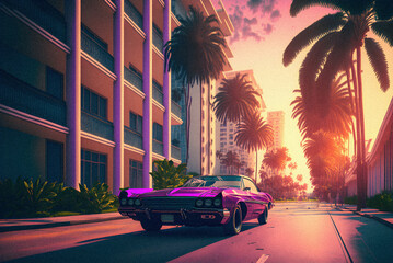 Car and Palm in 80s style, retro background, granular texture illustration Generative AI