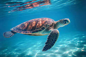 Portrait of a Mefiterranean sea turtle swimming underwater in clear blue water. Generative AI.