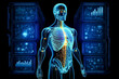  Human anatomy body hologram blue data showing cellular connectivity of a human. Science fiction medical science technology monitoring human nervous and skeletal body extremities. Generative AI.