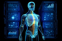  Human Anatomy Body Hologram Blue Data Showing Cellular Connectivity Of A Human. Science Fiction Medical Science Technology Monitoring Human Nervous And Skeletal Body Extremities. Generative AI.